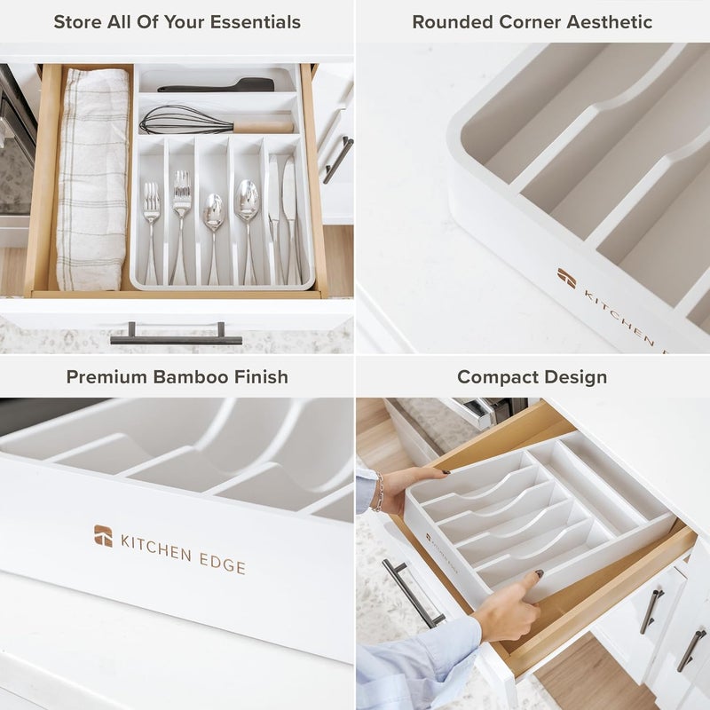 KitchenEdge Silverware Organizer - Cutlery, Flatware, and Utensil Holder for Kitchen Drawers, Fixed 10.5” Width, 7 Storage Compartments, Non-Slip Feet, Rounded Corners, 100% Bamboo, White Finish - Image 3